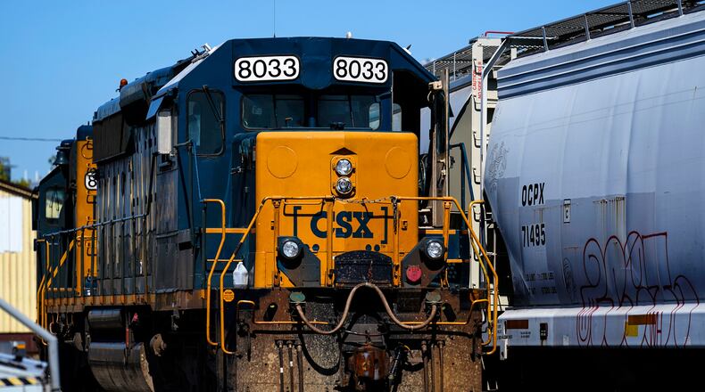 FILE - A CSX train engine sits idle on tracks in Philadelphia, Sept. 14, 2022. (AP Photo/Matt Rourke, File)