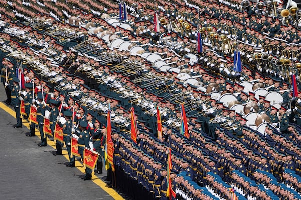 Russian servicemen take part in the Victory Day military parade in Moscow, Russia, Friday, May 9, 2025, marking the 80th anniversary of the Soviet Union's victory over Nazi Germany during the World War II. (Alexander Wilf/Photo host agency RIA Novosti via AP)