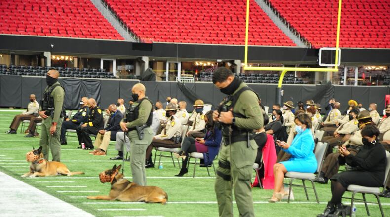 Fulton County Sheriff’s Office K9s Diesel, Ian, and Zack will receive vests that protect them from bullets and knives thanks to a donation. (Photo courtesy the Fulton County Sheriff's Office)
