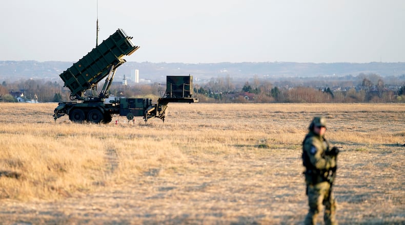 FILE - Patriot missles are seen at the Rzeszow-Jasionka Airport, March 25, 2022, in Jasionka, Poland. (AP Photo/Evan Vucci, File)