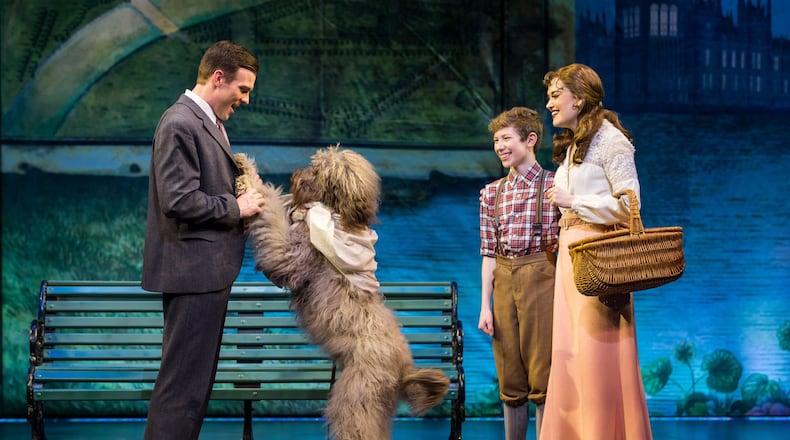 Atlanta native Billy Harrigan Tighe stars as J.M. Barrie in “Finding Neverland” at the Fox Theatre through May 21. Tighe is shown here with actors Sammy (the dog); Finn Faulconer and Christine Dwyer. CONTRIBUTED BY JEREMY DANIEL