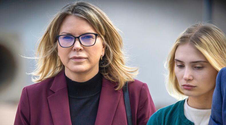 FILE - Rebecca Grossman, left, and her daughter head to Van Nuys Courthouse in the Van Nuys section of Los Angeles on Feb. 14, 2024. (Irfan Khan/Los Angeles Times via AP, FILE)
