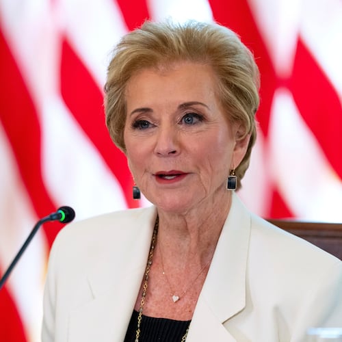 FILE - Education Secretary Linda McMahon speaks during a meeting in the East Room of the White House, Sept. 4, 2025, in Washington. (AP Photo/Alex Brandon, File)