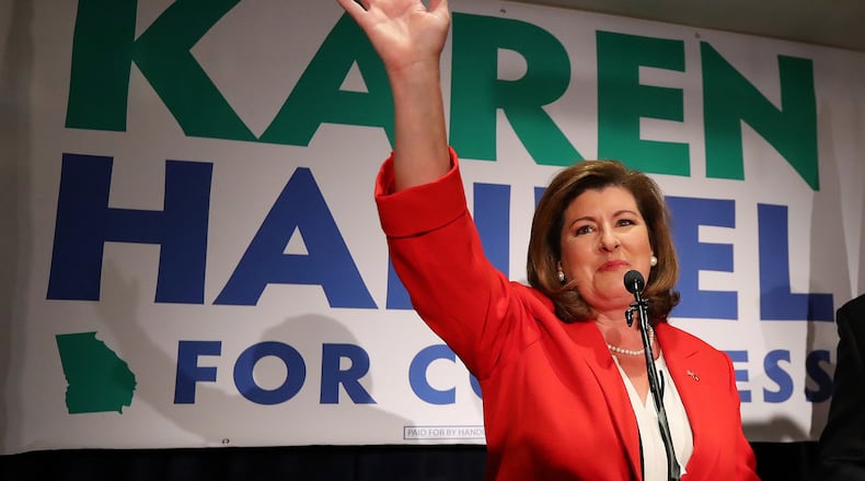 June 20, 2017, Atlanta: Karen Handel makes a early appearance to thank her supporters after the first returns came in during her election night party in the 6th District race with Jon Ossoff on Tuesday, June 20, 2017, in Atlanta. Curtis Compton/ccompton@ajc.co