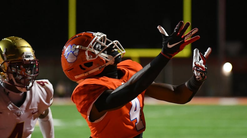 Mike Matthews, wide receiver for Parkview, attempts a catch at the Parkview vs. Brookwood High School Football game on Friday, Oct. 28, 2022, at Parkview High School in Lilburn, Georgia. (Jamie Spaar for the Atlanta Journal Constitution)