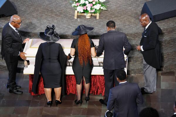 Family members of Christine King Farris stand beside her casket as celebrations begin honoring her legacy at Ebenezer Baptist Church on Sunday, July 16, 2023.
Miguel Martinez /miguel.martinezjimenez@ajc.com