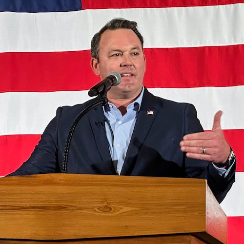 FILE - Georgia Republican Lt. Gov. Burt Jones speaks at a rally kicking off his 2026 campaign for governor, Aug. 26, 2025, in Flovilla, Ga. (AP Photo/Jeff Amy, File)