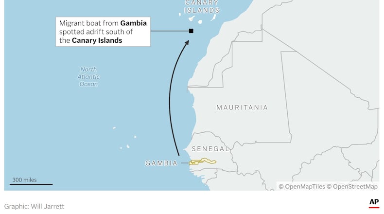 A map showing where a migrant boat from Gambia was spotted adrift. (AP Digital Embed)