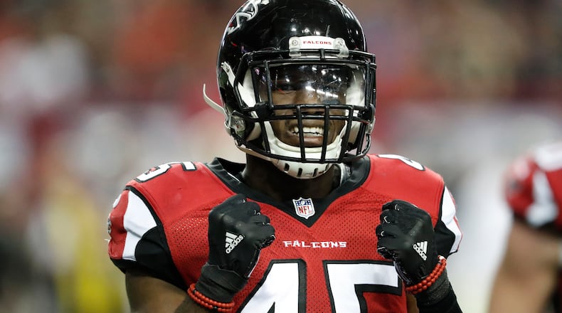 Atlanta Falcons middle linebacker Deion Jones (45) walks off the field against the New Orleans Saints during the first half Sunday, Jan. 1, 2017, in Atlanta.