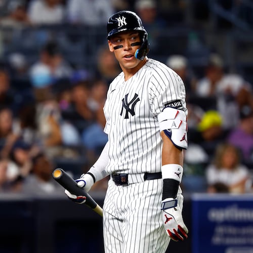 New York Yankees' Aaron Judge walks to the dugout after striking out during the sixth inning of a baseball game against the Colorado Rockies, Tuesday, Sept. 8, 2026, in New York. (AP Photo/Noah K. Murray)