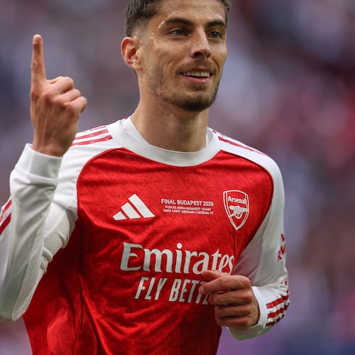 Arsenal's Kai Havertz celebrates after scoring during the Champions League final soccer match between Paris Saint-Germain and Arsenal in Budapest, Hungary, Saturday, May 30, 2026. AP Photo/Armin Durgut)