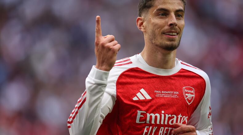 Arsenal's Kai Havertz celebrates after scoring during the Champions League final soccer match between Paris Saint-Germain and Arsenal in Budapest, Hungary, Saturday, May 30, 2026. AP Photo/Armin Durgut)