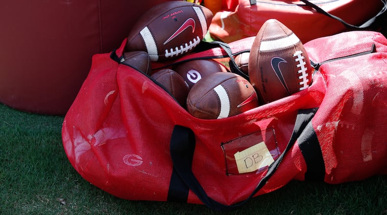 University of Georgia equipment sits in the end zone of Williams-Brice Stadium for warmups before the start of a game Saturday, Sept. 8, 2018, at Columbia, S.C.