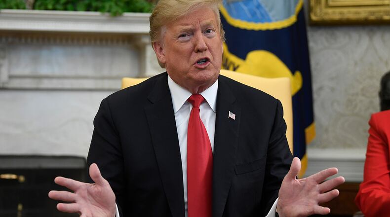 President Donald Trump speaks during a meeting with Fabiana Rosales, a Venezuelan activist who is the wife of Venezuelan opposition leader Juan Guaido, in the Oval Office of the White House in Washington, Wednesday, March 27, 2019. (AP Photo/Susan Walsh)