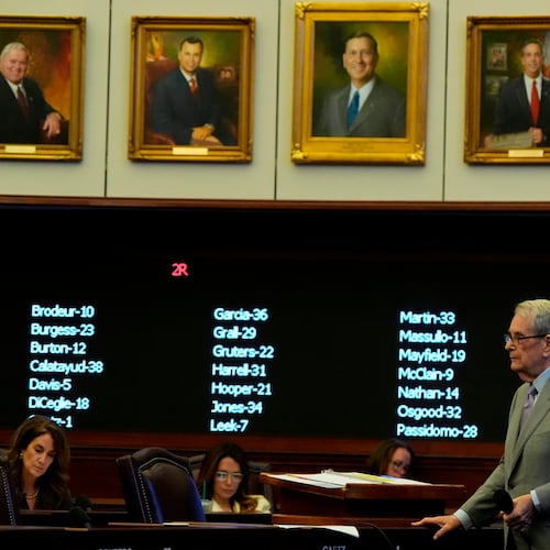 Sen. Donald Gaetz, R-Fla., speaks on the senate floor on SB 8-D, a redistricting bill, during a special session of the Florida Legislature, Wednesday, April 29, 2026, in Tallahassee, Fla. (AP Photo/Mike Stewart)