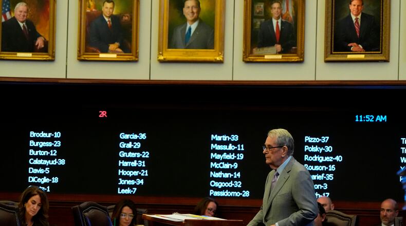 Sen. Donald Gaetz, R-Fla., speaks on the senate floor on SB 8-D, a redistricting bill, during a special session of the Florida Legislature, Wednesday, April 29, 2026, in Tallahassee, Fla. (AP Photo/Mike Stewart)