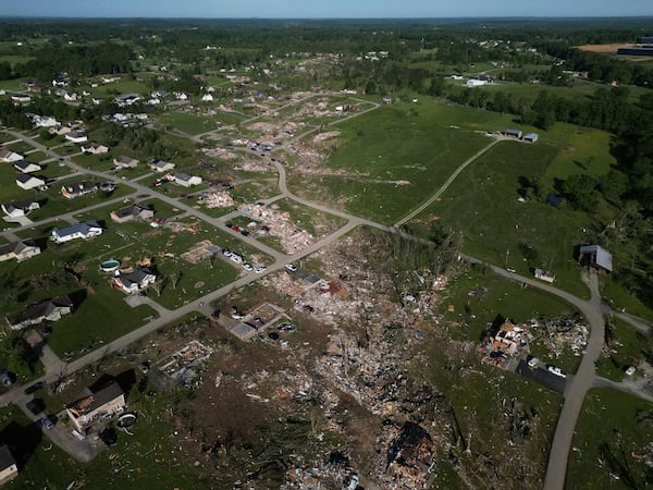 A path of destroyed homes is seen, Sunday, May 18, 2025, in London, Ky., after a severe storm passed through the area. (AP Photo/Carolyn Kaster)