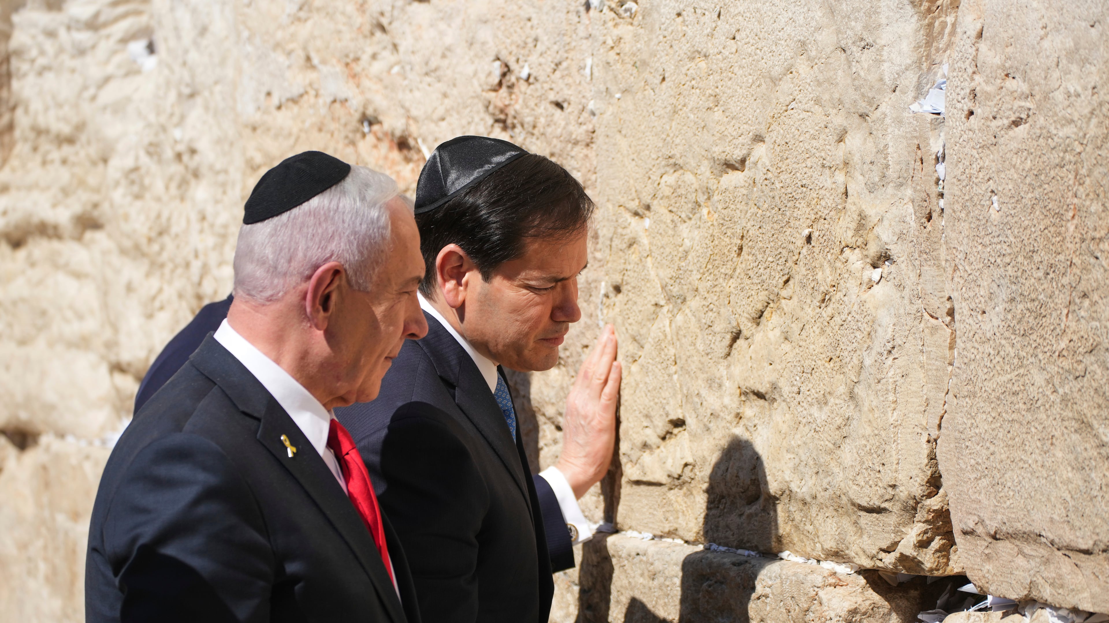 Israeli Prime Minister Benjamin Netanyahu, left, and U.S. Secretary of State Marco Rubio visit the Western Wall, the holiest site where Jews can pray, in the Old City of Jerusalem Sunday, Sept. 14, 2025. (AP Photo/Ariel Schalit)