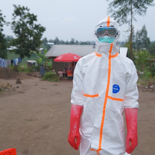 Wiza Bondele, a health worker on the prevention and control team, poses for a photograph in Ituri province, eastern Congo, Wednesday, Aug 5, 2026. (AP Photo/Dieudonne Dirole)