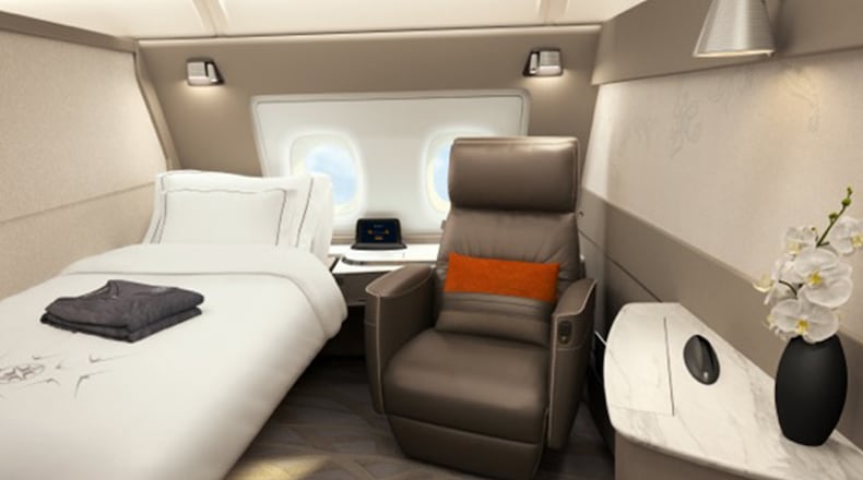 Singapore Airlines late last year introduced a new "Suites" first class cabin, also only on A380 aircraft, that will feature, in addition to a seat, a real bed, "not a chair that turns into a bed," as Singapore Air makes clear on its website. (Singapore Airlines)