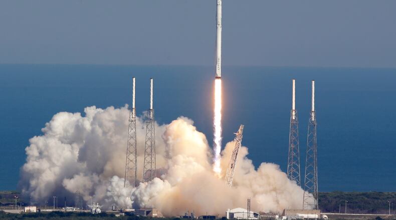The SpaceX Falcon 9 rocket lifts off from launch complex 40 at the Kennedy Space Center in Cape Canaveral, Fla., last Friday. The rocket will deliver almost 7,000 pounds of science research, crew supplies, and hardware to the International Space Station. AP/John Raoux