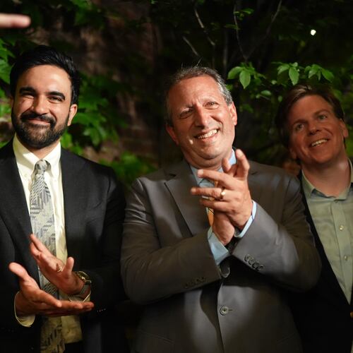 Democratic congressional candidate Brad Lander arrives with New York City Mayor Zohran Mamdani for an election night watch party Tuesday, June 23, 2026, in New York. (AP Photo/Ryan Murphy)