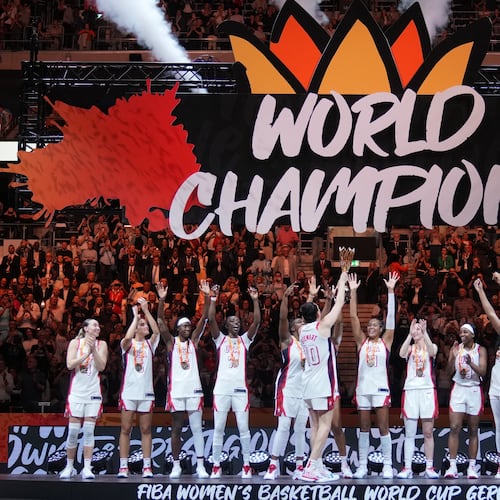 United States team stands on the podium after winning the Women's Basketball World Cup final match between the United States and France in Berlin, Sunday, Sept. 13, 2026. (AP Photo/Ebrahim Noroozi)