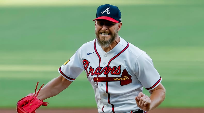 Atlanta Braves pitcher Chris Sale reacts after striking out Chicago Cubs' Matt Shaw to end the top half of the first inning of a baseball game, Thursday, May 14, 2026, in Atlanta. (Erik S. Lesser/AP)