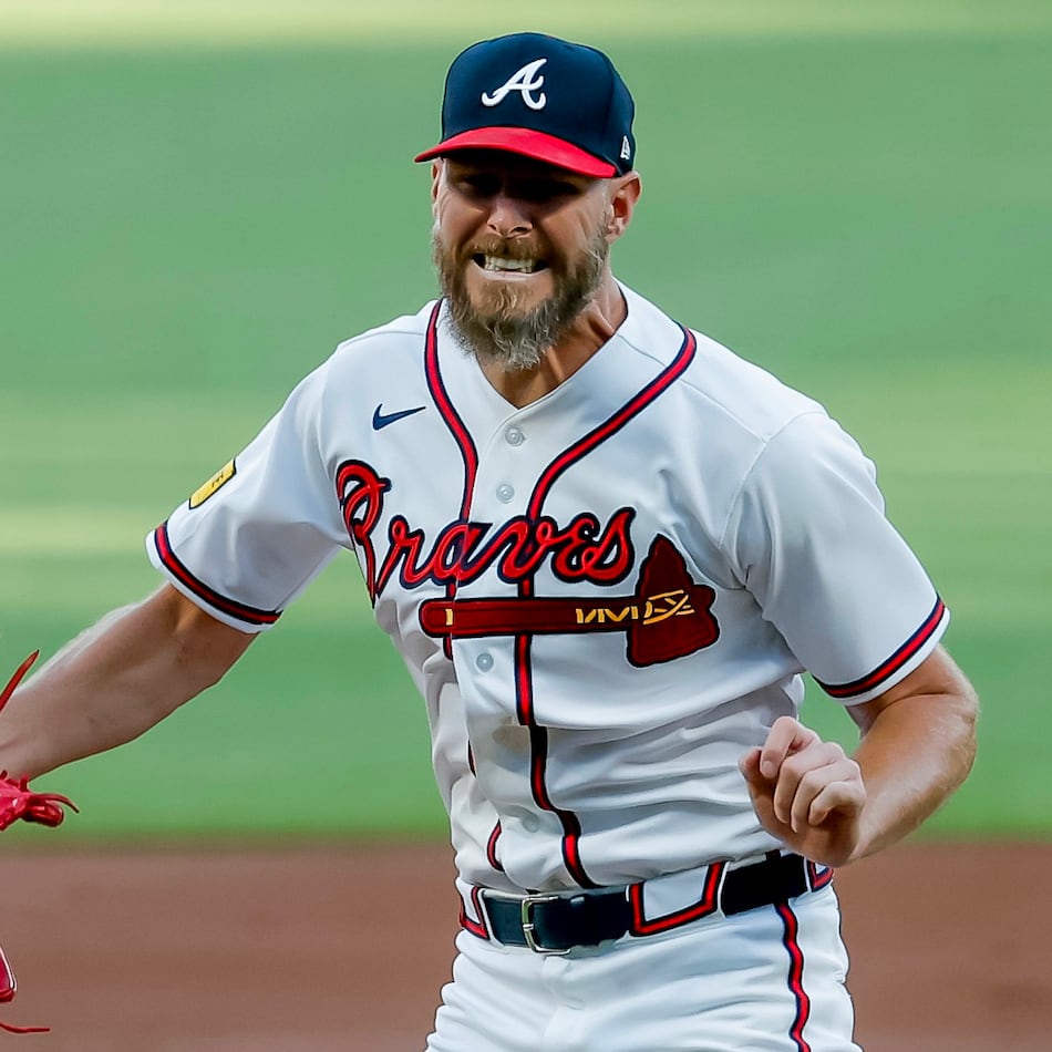 Atlanta Braves pitcher Chris Sale reacts after striking out Chicago Cubs' Matt Shaw to end the top half of the first inning of a baseball game, Thursday, May 14, 2026, in Atlanta. (Erik S. Lesser/AP)