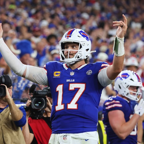 Buffalo Bills quarterback Josh Allen (17) celebrates his rushing touchdown against the Detroit Lions during the second half of an NFL football game in Orchard Park, N.Y., Thursday, Sept. 17, 2026. (AP Photo/Jeffrey T. Barnes )
