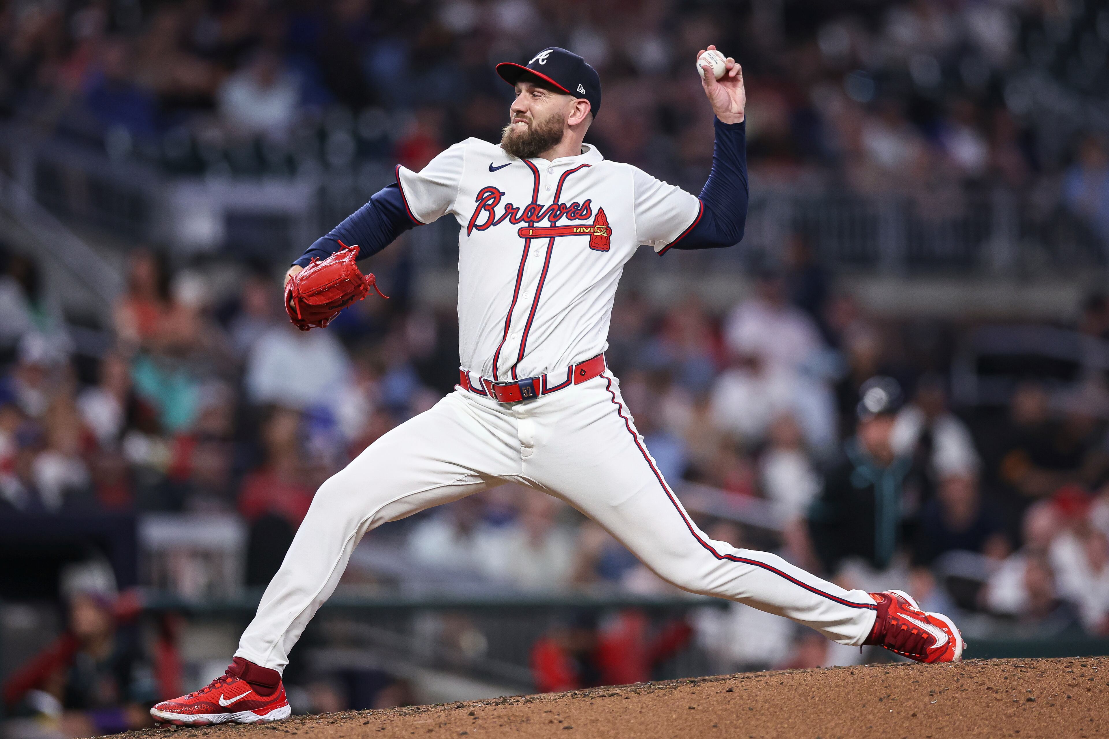 Atlanta Braves pitcher Dylan Lee delivers in the seventh inning of a baseball game against the Arizona Diamondbacks, Wednesday, June 4, 2025, in Atlanta. (AP Photo/Colin Hubbard)