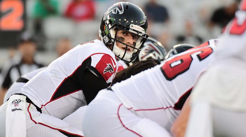 Quarterback Danny Etling looks toward the sideline before snapping the ball during the first quarter against the Jacksonville Jaguars Thursday, Aug. 29, 2019, at TIAA Bank Field in Jacksonville, Fla.