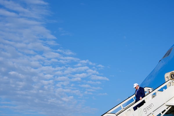 President Donald Trump exits Air Force One as he arrives at Amsterdam Schiphol Airport ahead of the NATO summit, taking place in The Hague, Netherlands, Tuesday, June 24, 2025. (AP Photo/Alex Brandon)