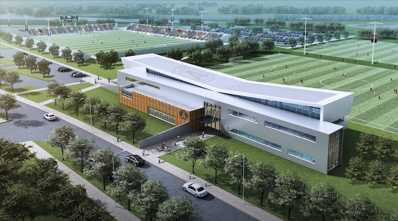 Atlanta United FC will construct a 3,500-seat stadium, three practice soccer fields and a two-story corporate headquarters on 41 acres of government land near Memorial Drive and I-285. An indoor training facility and additional fields may be built later. The team will play its first season in 2017 in the new stadium being built for the Falcons in downtown Atlanta. Credit: Atlanta United FC