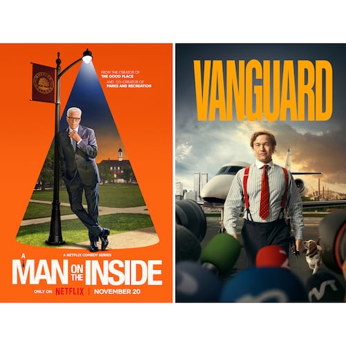 This combination of images shows promotional art for the series "Man on the Inside," left, the series "Vanguard," center, and the animated film "The Bad Guys 2." (Netflix/Viaplay/DreamWorks Animation via AP)