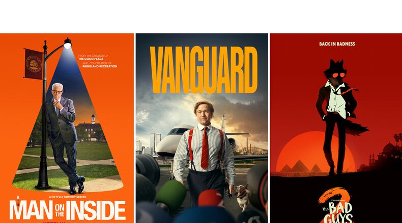 This combination of images shows promotional art for the series "Man on the Inside," left, the series "Vanguard," center, and the animated film "The Bad Guys 2." (Netflix/Viaplay/DreamWorks Animation via AP)