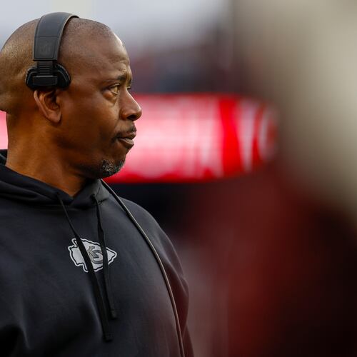 FILE - Kansas City Chiefs defensive backs coach Dave Merritt stands on the sideline during the first half of an NFL football game against the New England Patriots, Dec. 17, 2023, in Foxborough, Mass. (AP Photo/Greg M. Cooper, File)