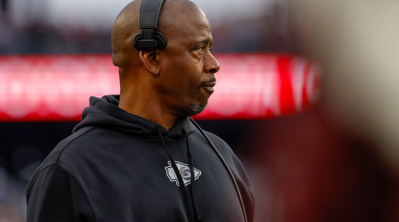 FILE - Kansas City Chiefs defensive backs coach Dave Merritt stands on the sideline during the first half of an NFL football game against the New England Patriots, Dec. 17, 2023, in Foxborough, Mass. (AP Photo/Greg M. Cooper, File)