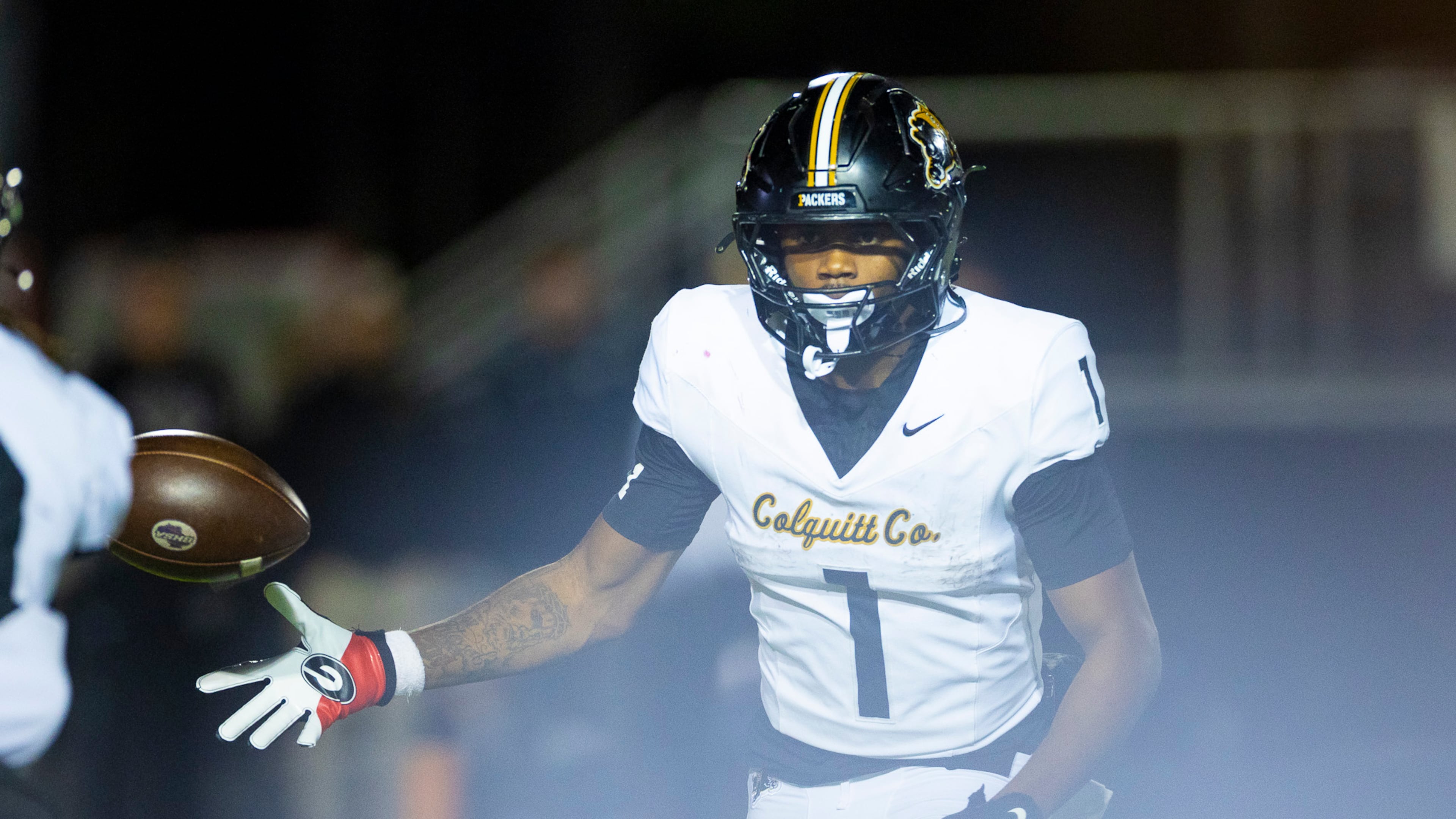 Colquitt running back and UGA commit Jae Lamar (1) makes a short pass during the first half against Mill Creek at Mill Creek Community Stadium, Friday, Nov. 14, 2025, in Hoschton, Ga. (Oscar Guevara Saenz for the AJC)