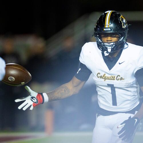 Colquitt running back and UGA commit Jae Lamar (1) makes a short pass during the first half against Mill Creek at Mill Creek Community Stadium, Friday, Nov. 14, 2025, in Hoschton, Ga. (Oscar Guevara Saenz for the AJC)