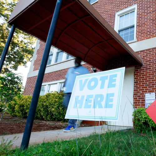 A poll worker is seen walking out of the Israel Baptist Church in Kirkwood during the Georgia Public Service Commission’s special election for two of five seats on Tuesday, June 17, 2025. (Miguel Martinez/AJC)
