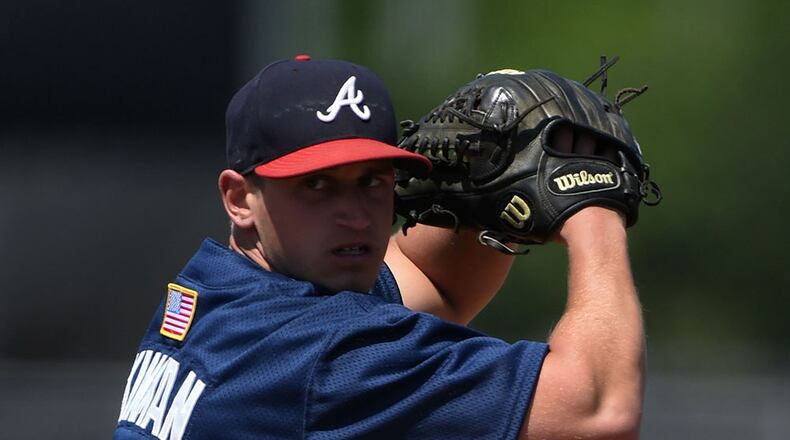 Reliever Kyle Kinman has impressed in three major league spring-training appearances for the Braves when brought over from minor league camp. (Mike Janes/Four Seam Images via AP)