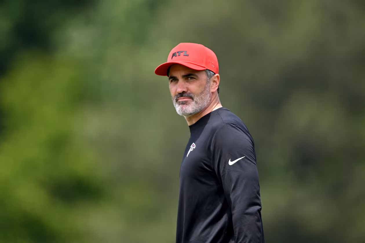 Atlanta Falcons head coach Kevin Stefanski watches during the Falcons’ rookie minicamp at the team’s training facility on Friday, May 8, 2026, in Flowery Branch. (Hyosub Shin/AJC)