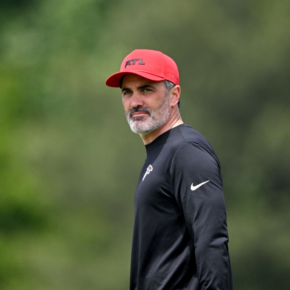 Atlanta Falcons head coach Kevin Stefanski watches during the Falcons’ rookie minicamp at the team’s training facility on Friday, May 8, 2026, in Flowery Branch. (Hyosub Shin/AJC)