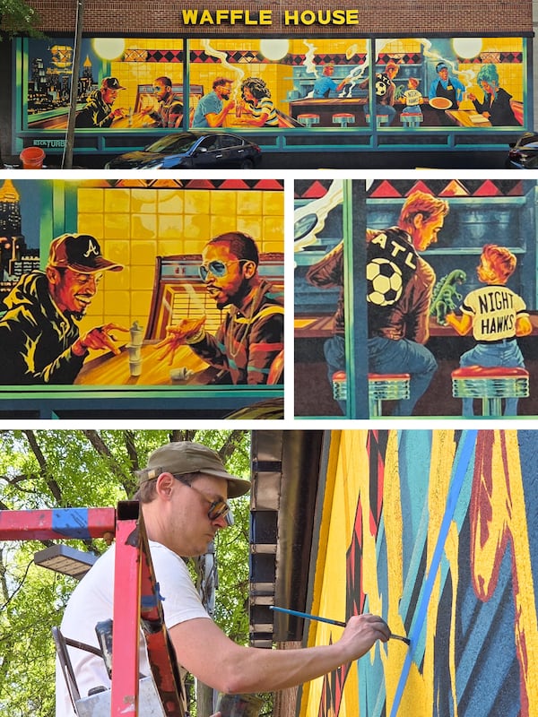 Composite photos of Nick Turbo Benson's Waffle House mural "ATL Nighthawks at the Diner," whose inspirations include Edward Hopper, Norman Rockwell and Outkast. (Courtesy of Arthur Rudick)