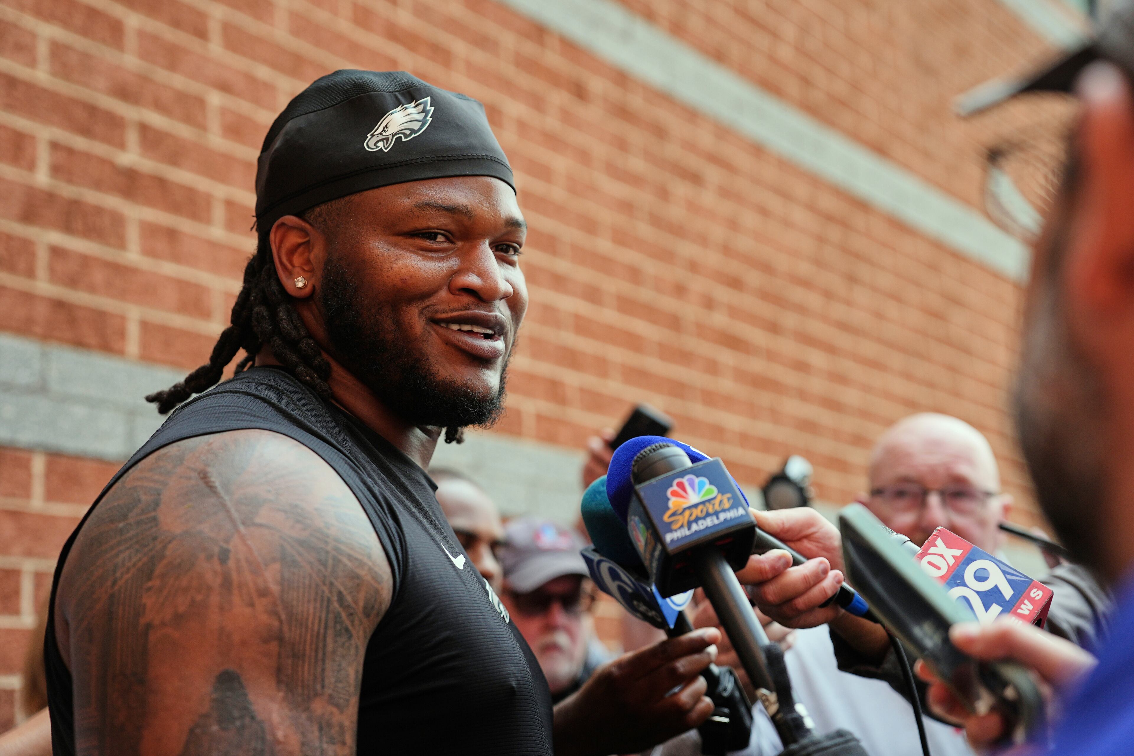 The Eagles' Jalen Carter speaks during a news conference at the team's training facility on Tuesday, June 3, 2025, in Philadelphia. Carter, as Georgia fans know, is a one-man wrecking machine. (Matt Rourke/AP)