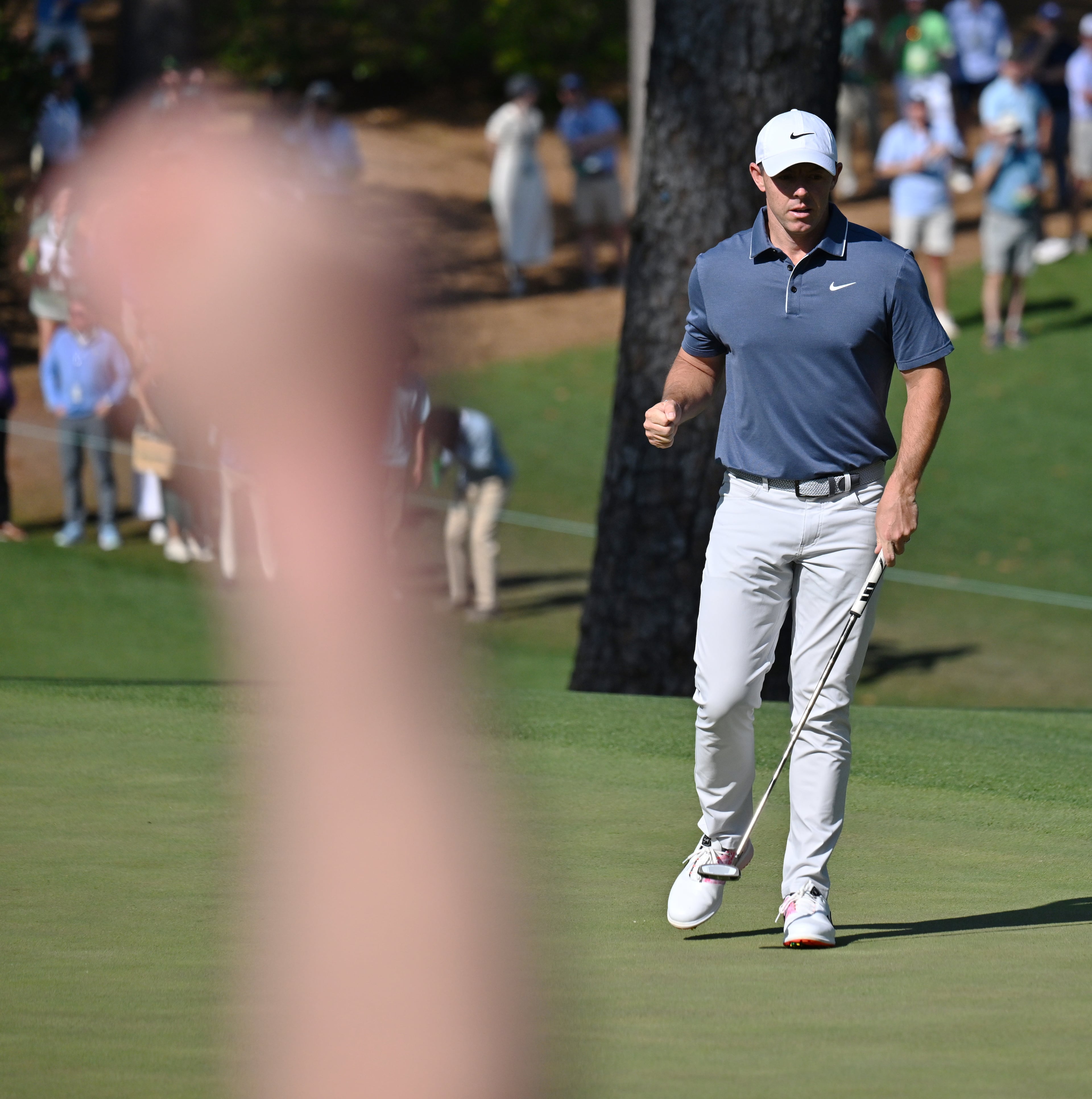 Rory McIlroy reacts to birdie putt on tenth hole during final round of the Masters golf tournament, at Augusta National Golf Club, Saturday, April 13, 2025, in Augusta, Ga. (Hyosub Shin / AJC)