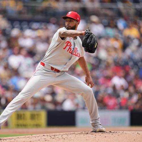 Philadelphia Phillies starting pitcher Cristopher Sánchez works against a San Diego Padres batter during the second inning of a baseball game Wednesday, May 27, 2026, in San Diego. (AP Photo/Gregory Bull)