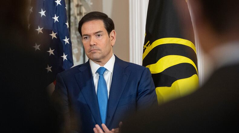 Secretary of State Marco Rubio takes part in a U.S. Hostage and Wrongful Detainee Flag Raising ceremony at the State Department, Monday, March 9, 2026 in Washington. (AP Photo/Kevin Wolf)