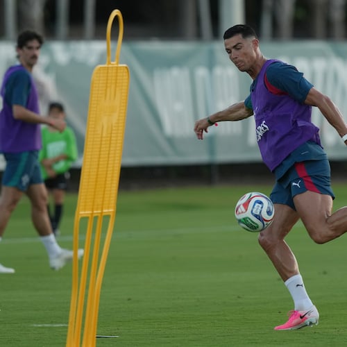 Portugal's Cristiano Ronaldo runs drills during the men's national soccer team training session ahead of their FIFA World Cup soccer tournament Saturday, June 13, 2026, in Palm Beach Gardens, Fla. (AP Photo/Marta Lavandier)